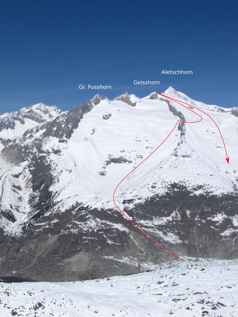 Vue sur la voie normale du Geisshorn et le Fusshornbiwak
