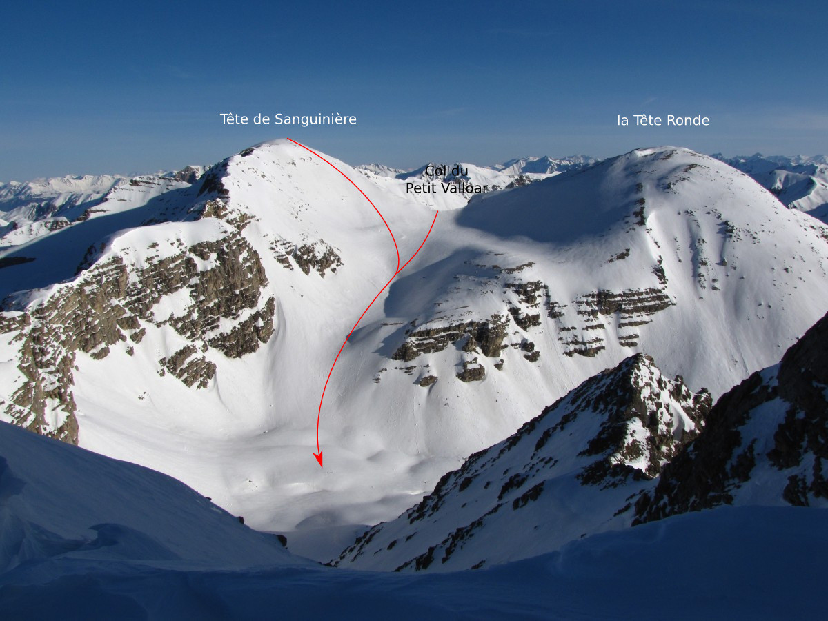 Tête de Sanguinière et versant SE, Col du Petit Valloar et la Tête Ronde