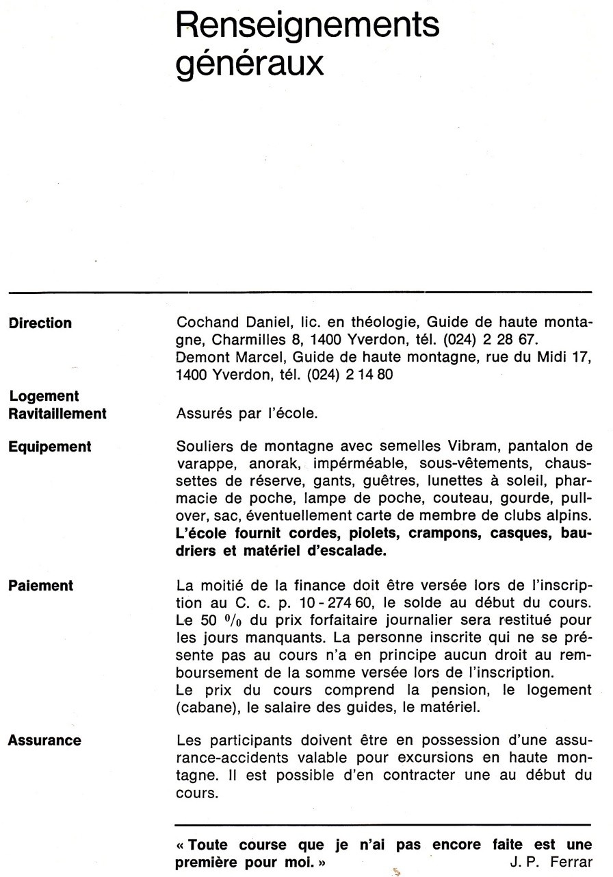 Années 1960: page 4 du prospectus de l'Ecole d'Escalade des Choucas aux Aiguilles de Baulmes
