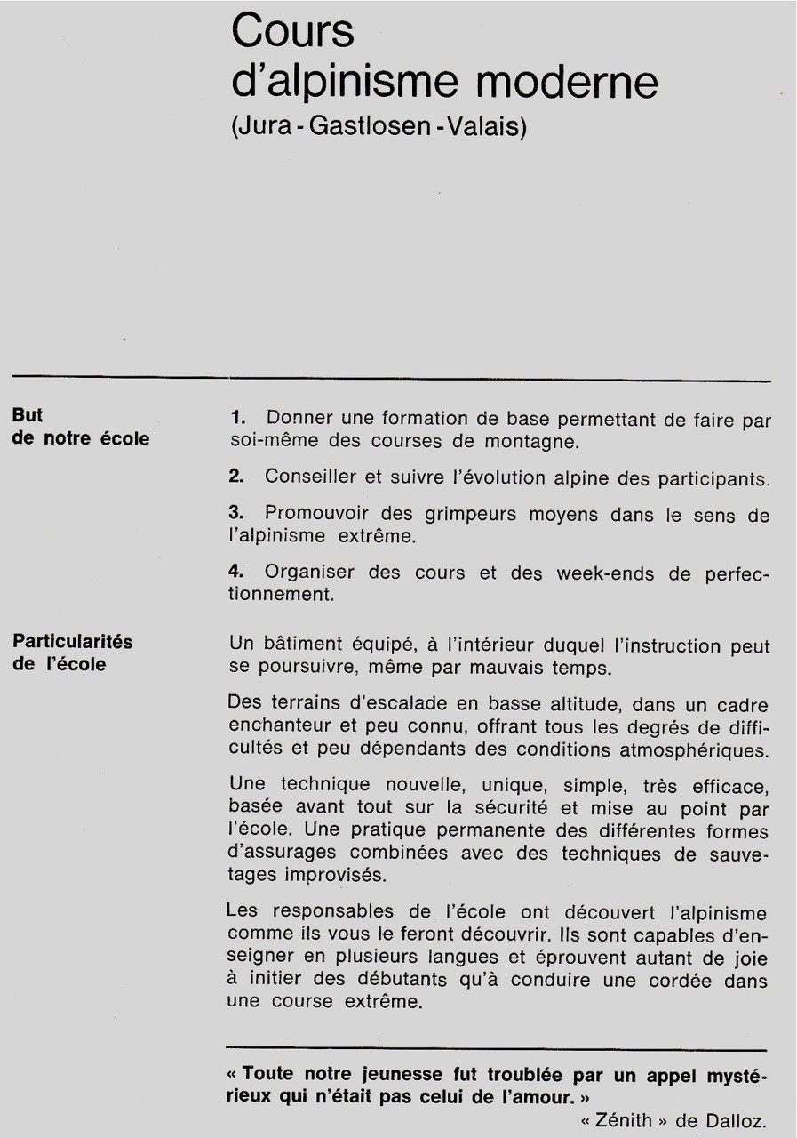 Années 1960: page 2 du prospectus de l'Ecole d'Escalade des Choucas aux Aiguilles de Baulmes