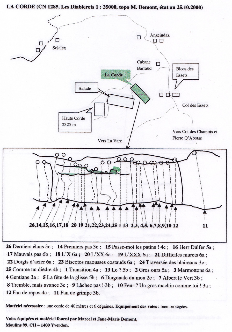 Anzeindaz, topo des voies de la Corde, par l'ouvreur