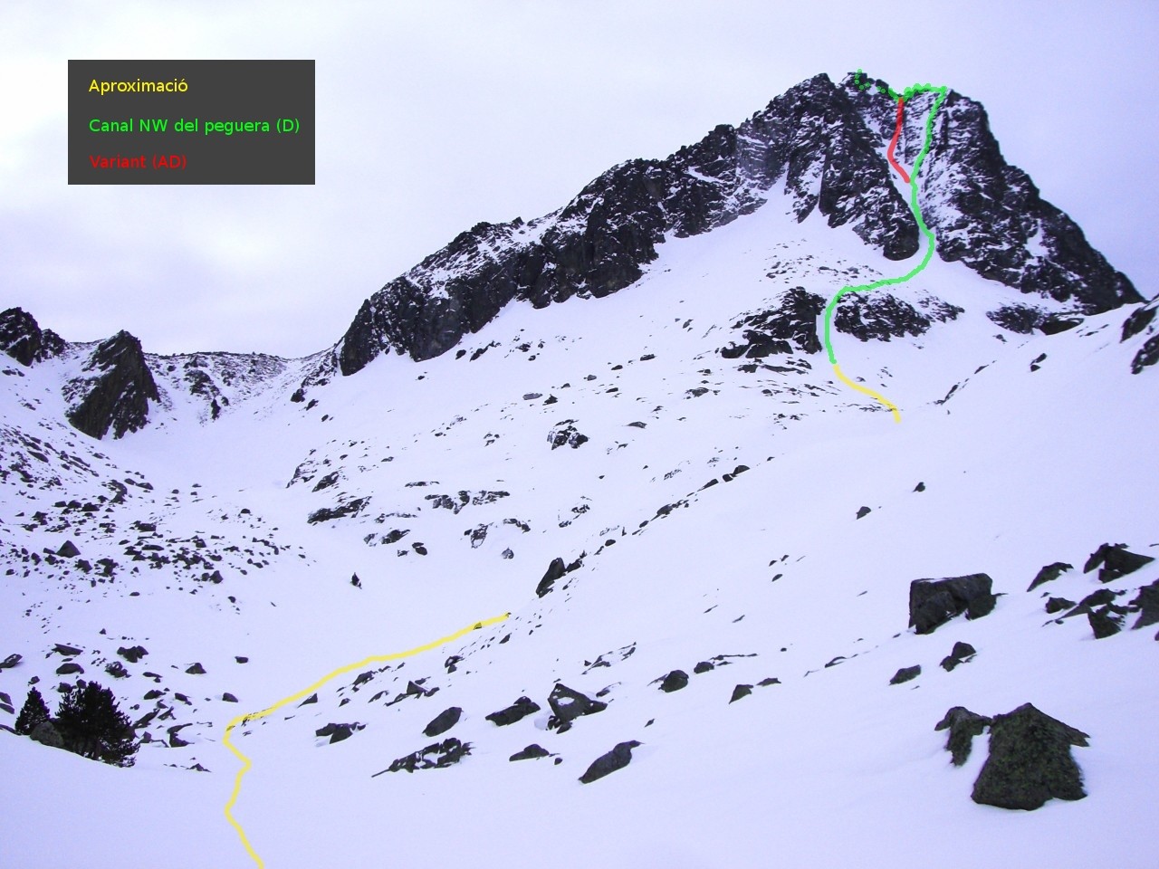 Traçat d'aproximació i variant de la canal NW del peguera