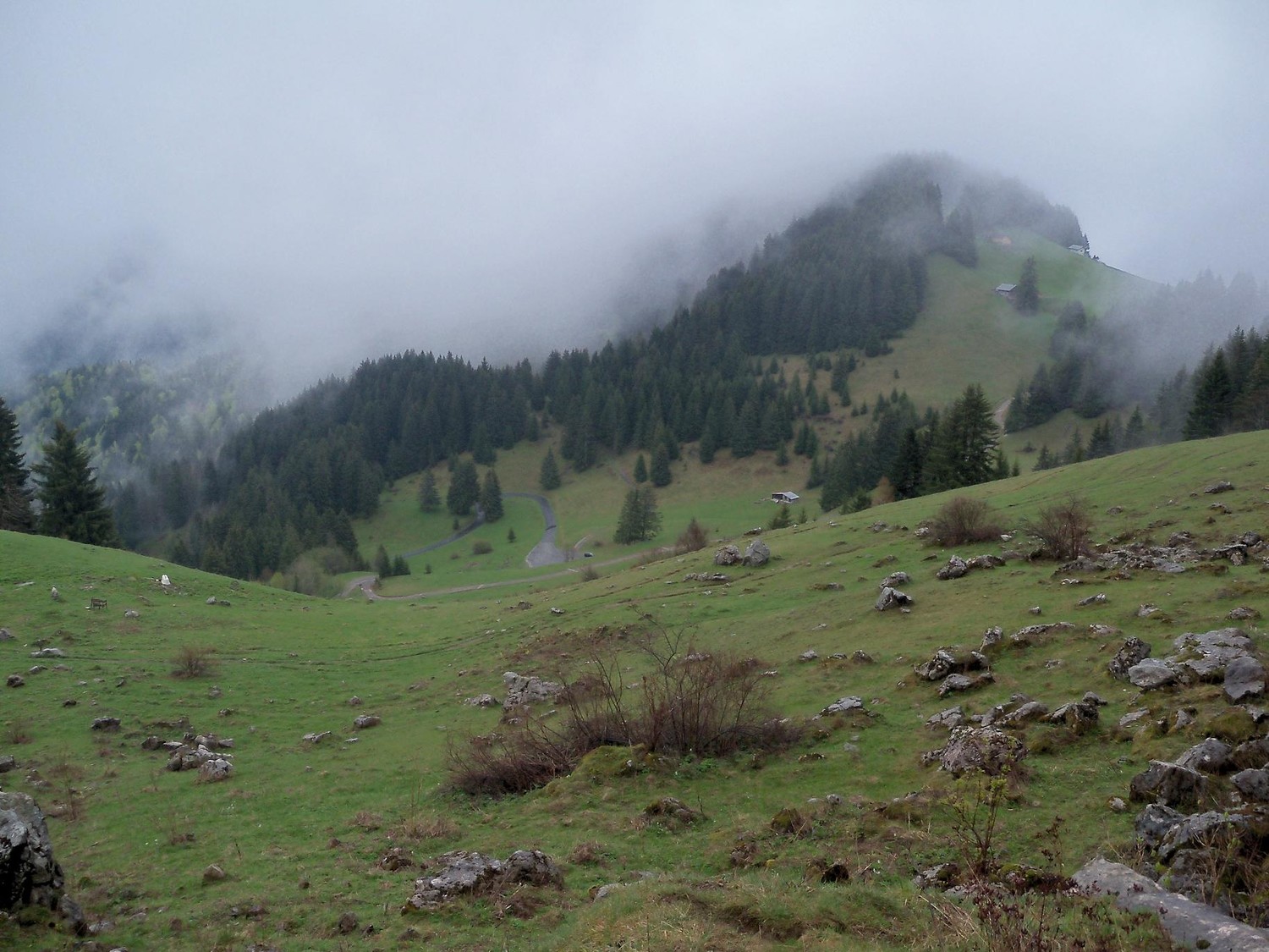 Les granges dans la brume