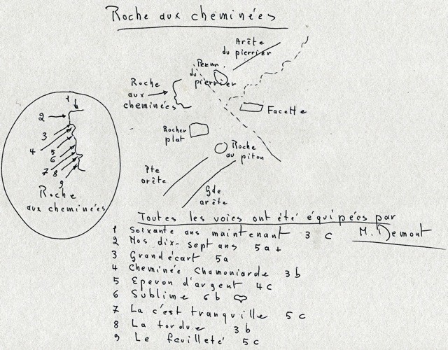 Roche aux cheminées: croquis de l'ouvreur gribouillé dans l'action