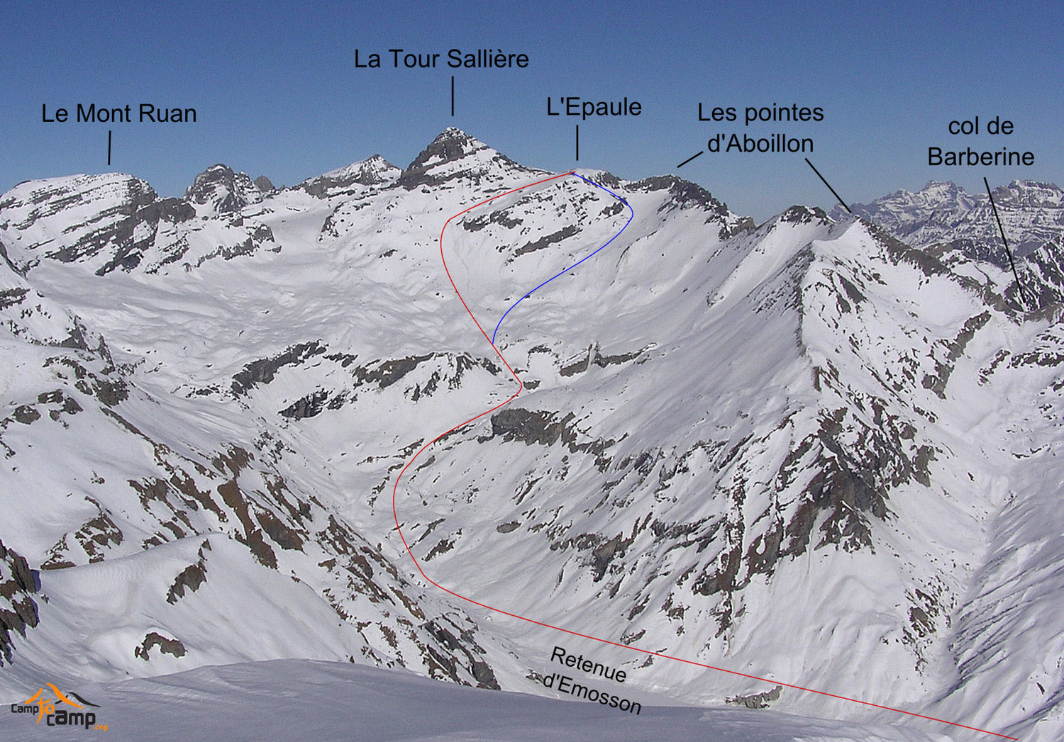 L'Epaule de la Tour Sallière (en bleu : option boucle par la partie S du glacier de la Tour Sallière