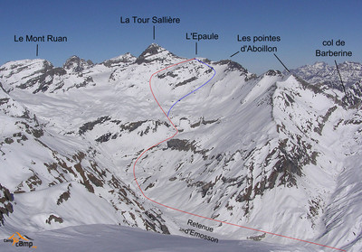 L'Epaule de la Tour Sallière (en bleu : option boucle par la partie S du glacier de la Tour Sallière