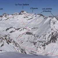 L'Epaule de la Tour Sallière (en bleu : option boucle par la partie S du glacier de la Tour Sallière