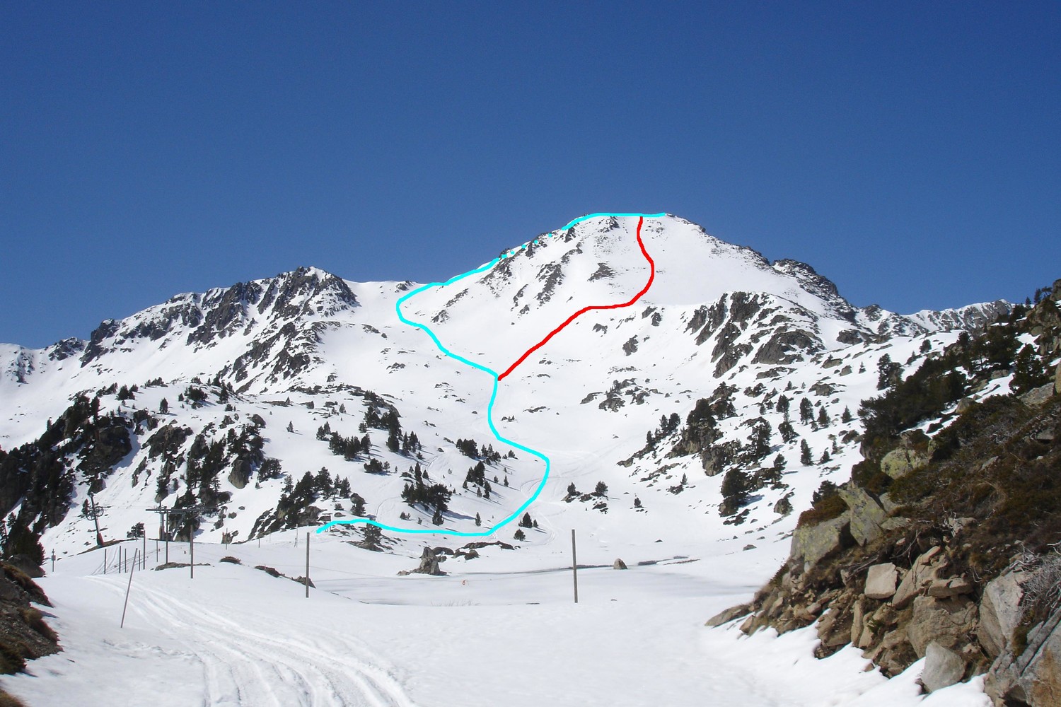 Itinéraire depuis l'étang: Montée(bleue), descente(rouge)