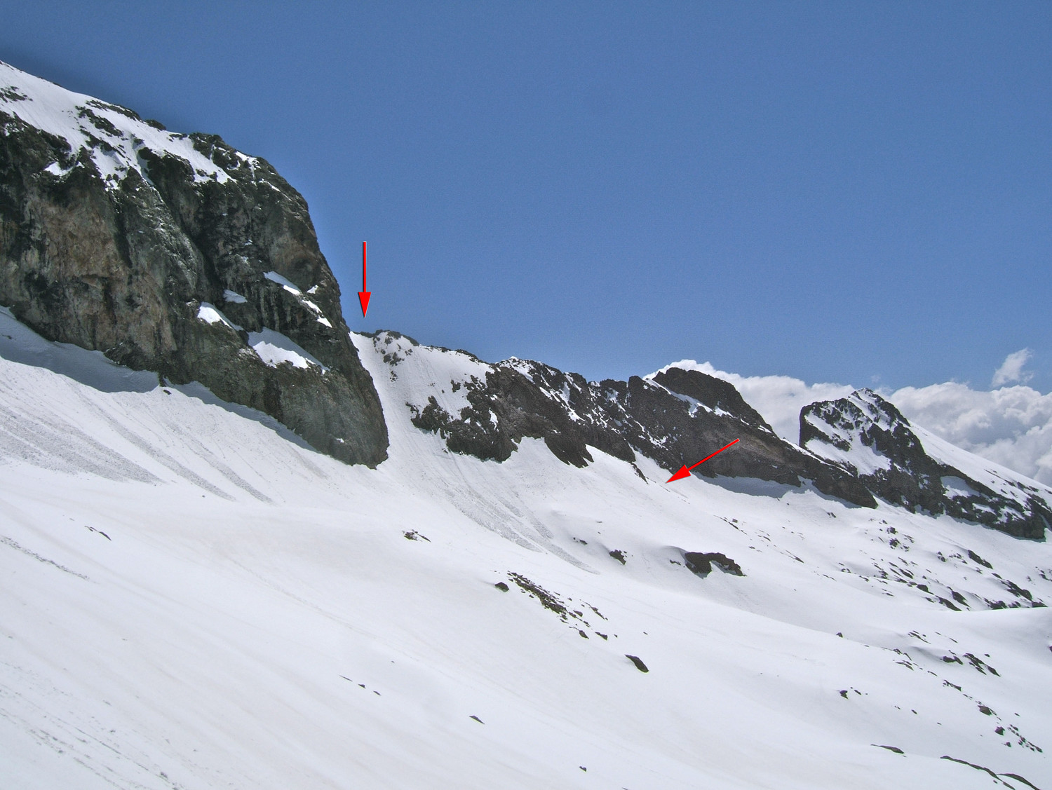 Les 2 passages sous la crête du Gélas Sud.