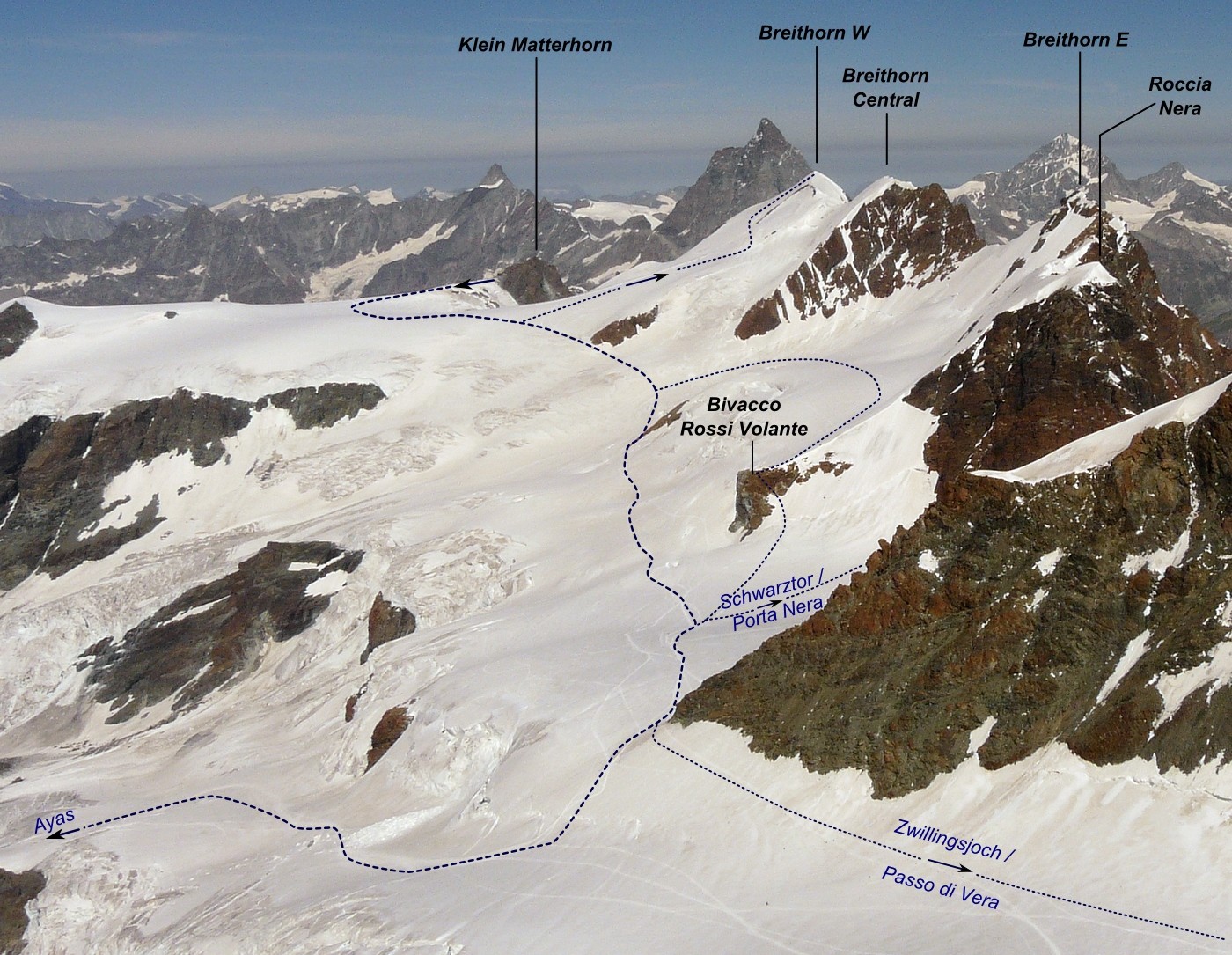 les approches depuis le Klein Matterhorn