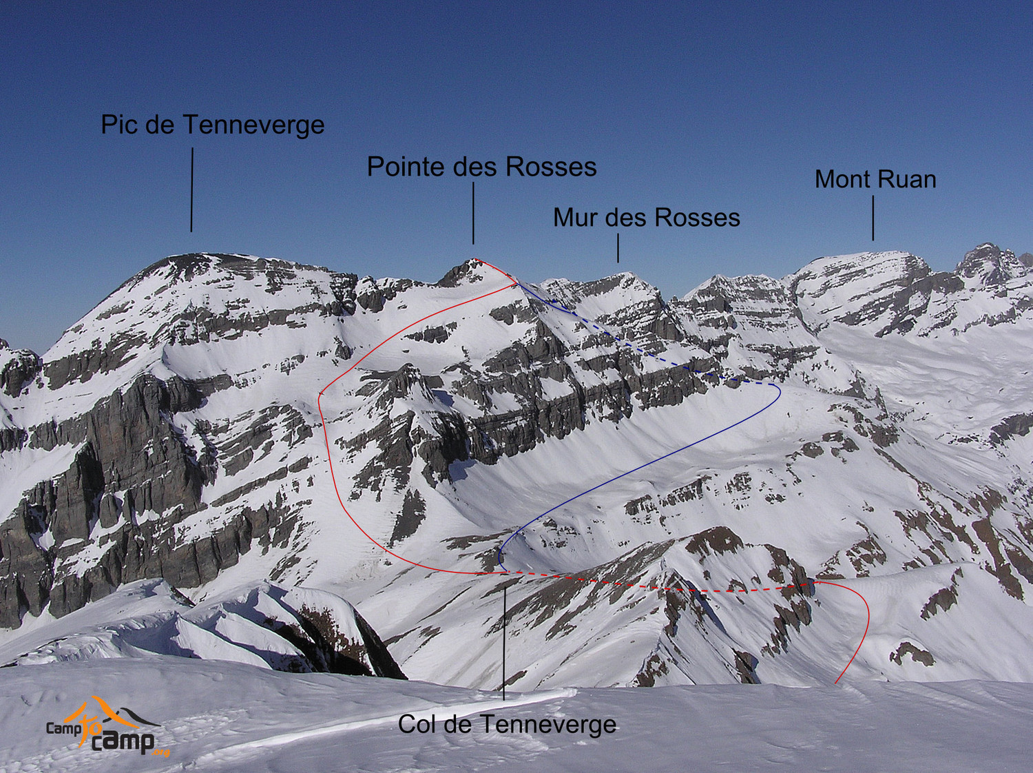 La pointe des Rosses (en bleu variante par le glacier des Rosses)