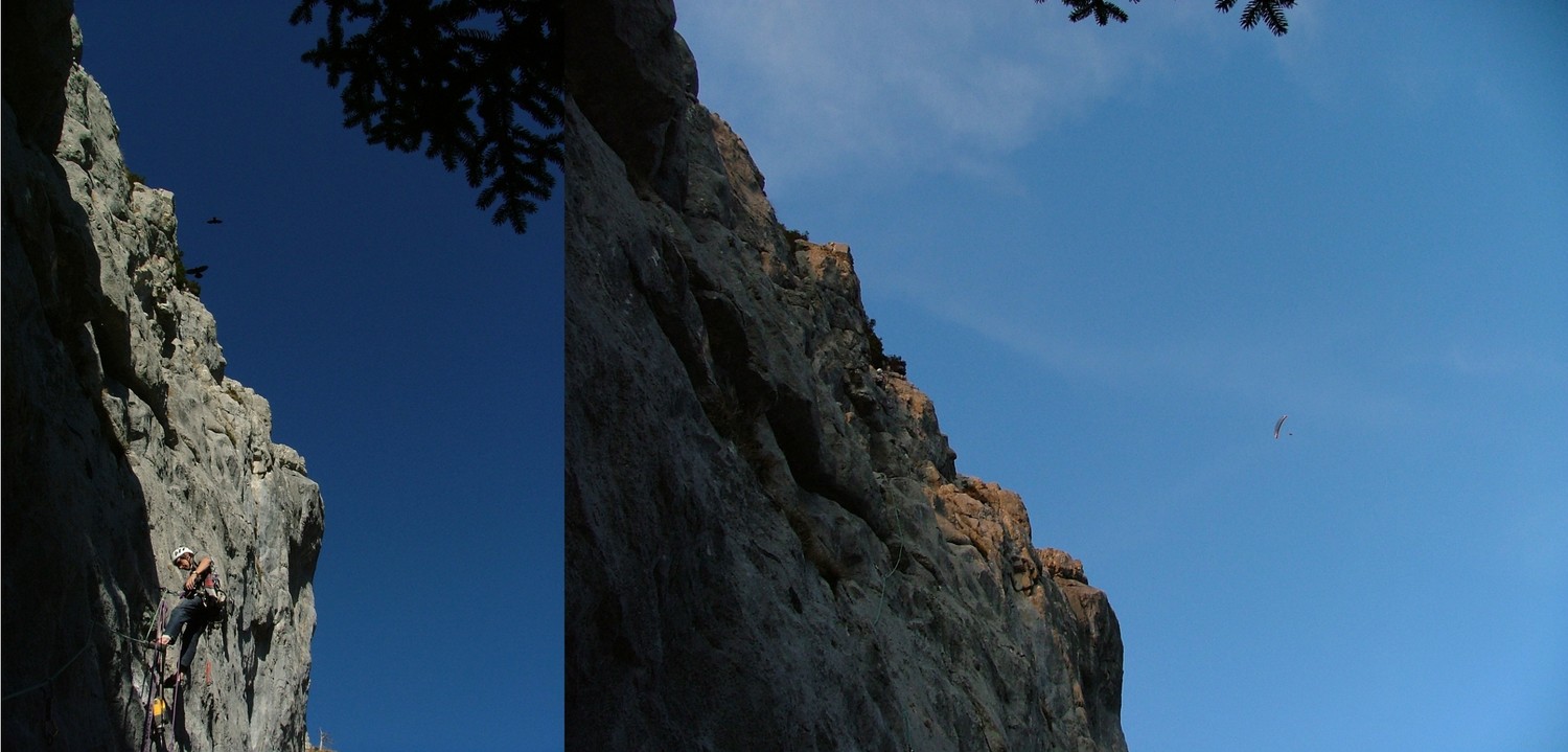 Ligne de Vie : L30 équipement du crux par Philippe, on a droit à une petite visite bruyante (parapante à moteur) !!!