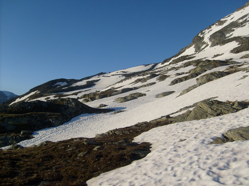Au fond et au milieu la moraine d'accès au glacier