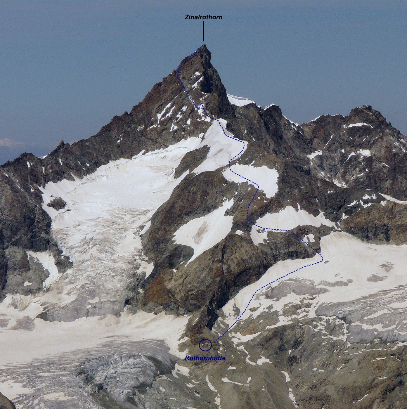 Zinalrothorn - Arête SE puis SW par la Gabel (voie normale depuis la Rothornhütte)