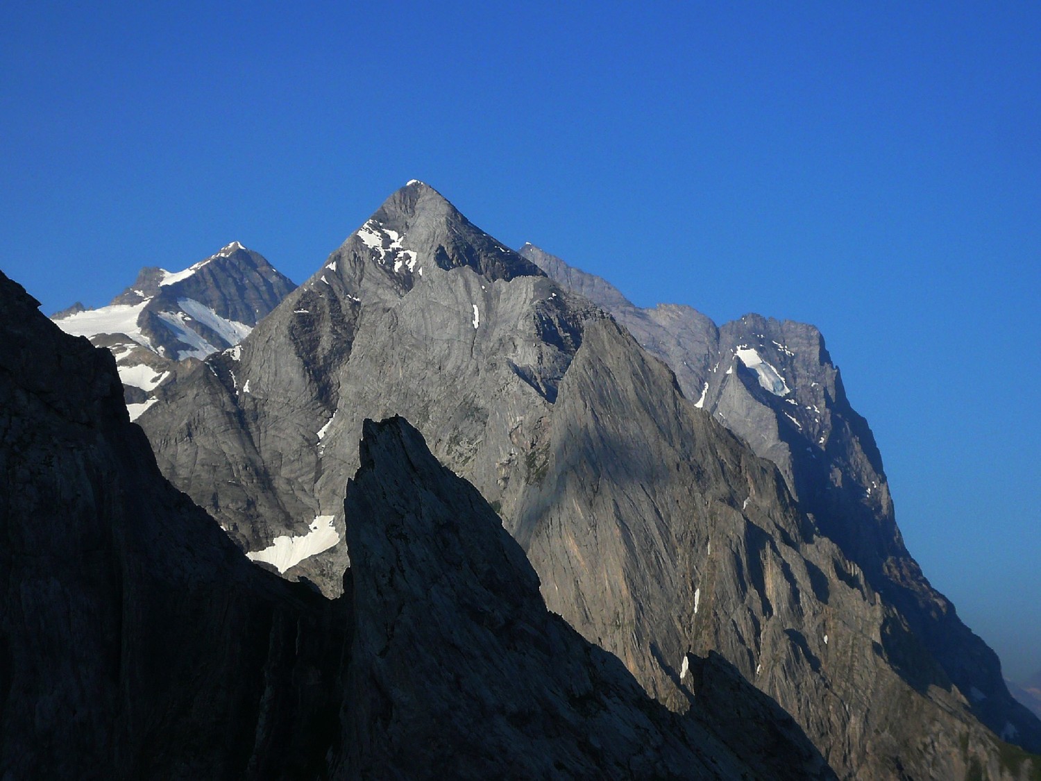 Massif du Wetterhorn (lui-même au fond à D) depuis la cabane des Engelhörner