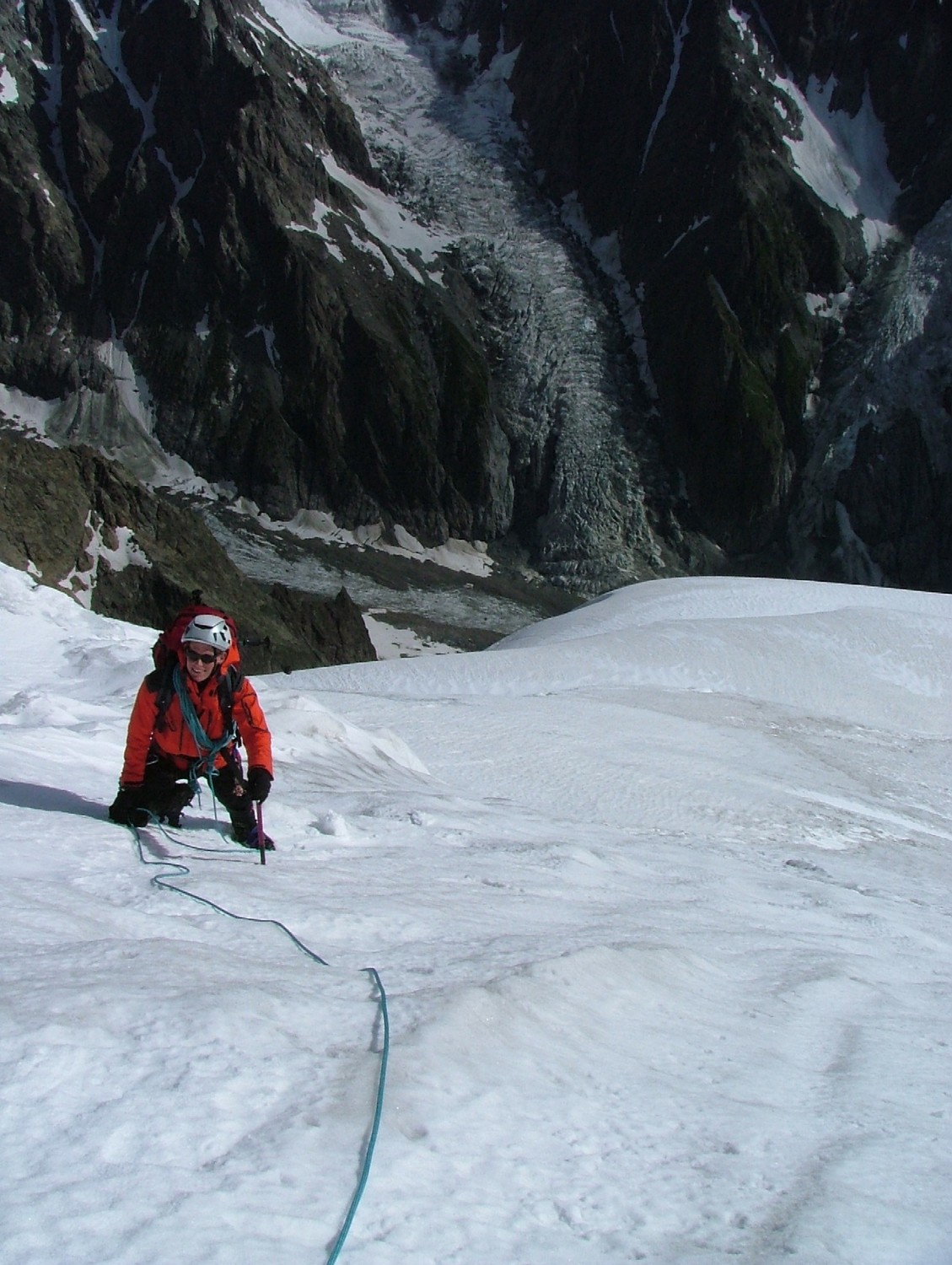 Tré la Tête, Florent dans la pente d'accés à l'aiguille E de Tré la Tête