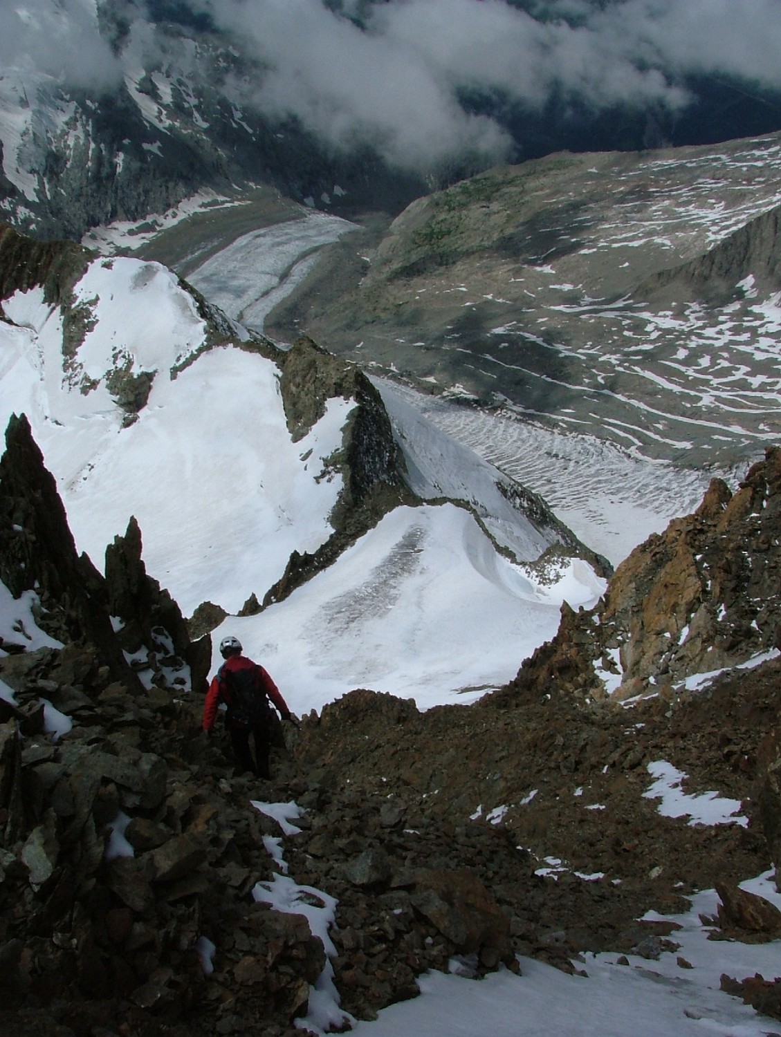 Tré la Tête, versant W accès à éperon rocheux de descente, glacier de Miage, refuge des Conscrits