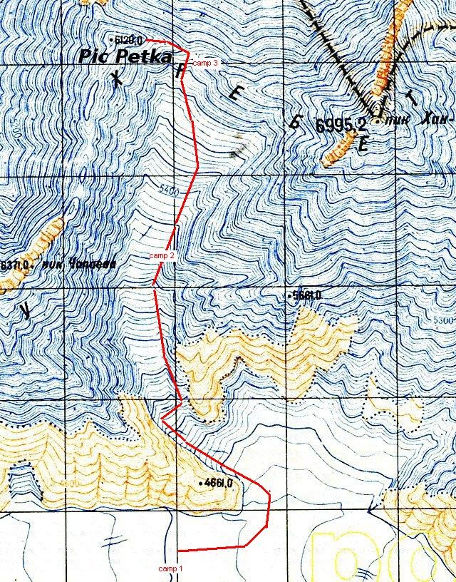 Itinéraire de la route Pogrebietski (commune au Khan tengri jusqu'au camp 3)