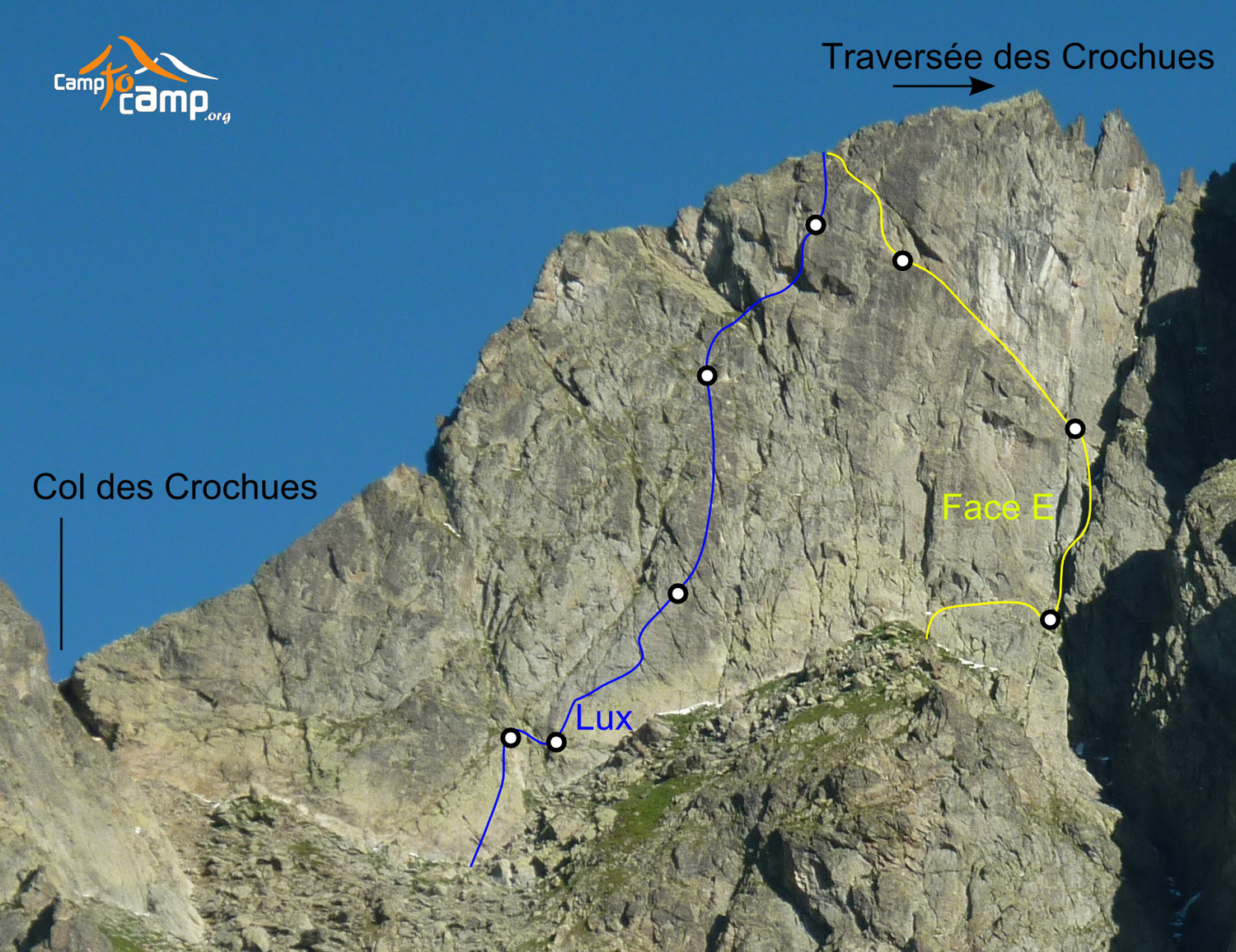 Topo : Crochues, face E et voie Lux
