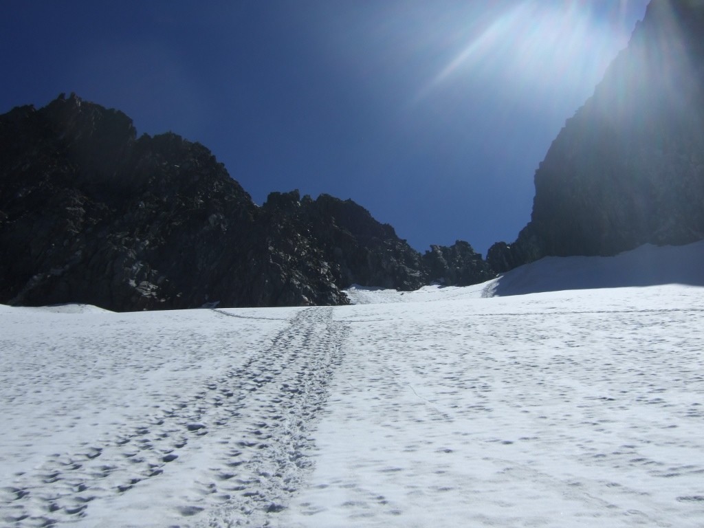 Les traces de descente sur le glacier de l'Argentiere