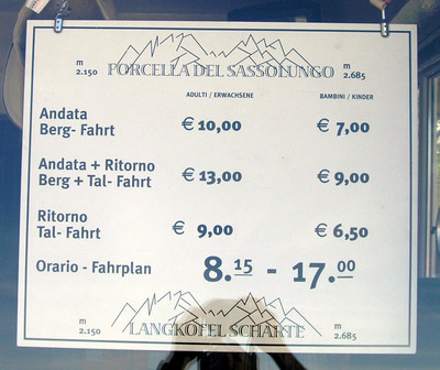 Tarif 2006 du télécabine montant à la forcella del Sassolungo Tarif 2006 du télécabine montant à la forcella del Sassolungo