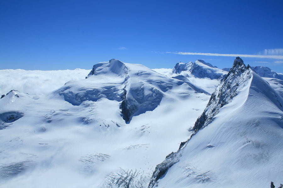 Strahlhorn, Dufourspitze, Rimpfischhorn depuis Allalinhorn