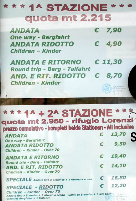 Tarif 2006 du télécabine du refuge Lorenzi