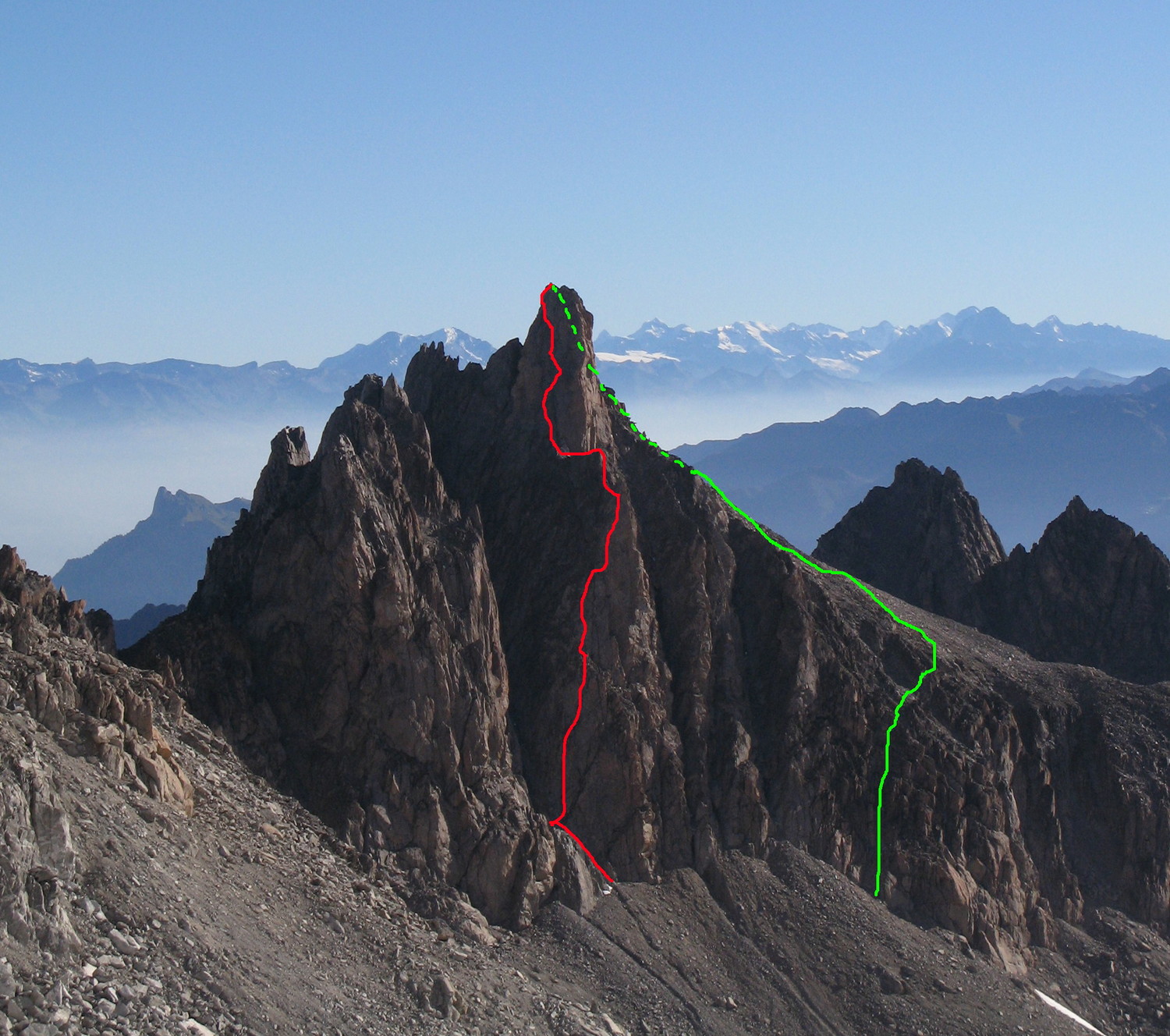 Aiguille d'Orny - classique Sud-Ouest - vue générale avec itinéraire montée et descente