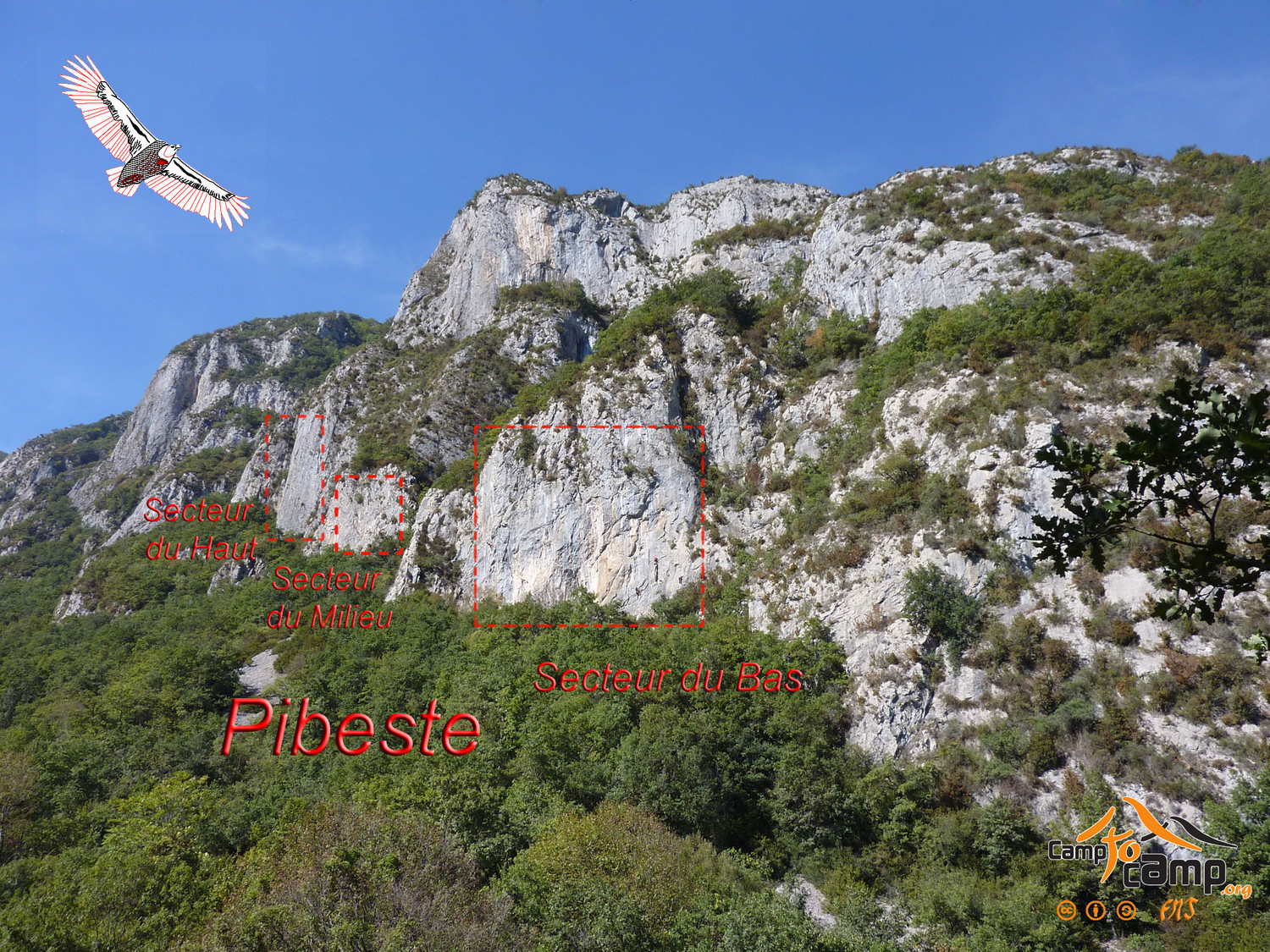 Falaise Pibeste - Vue d'ensemble des 3 secteurs