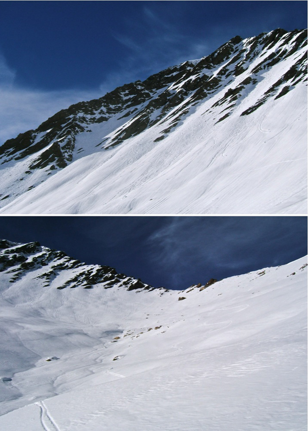 Descente dans l'ombre en neige dure, puis neige de printemps.