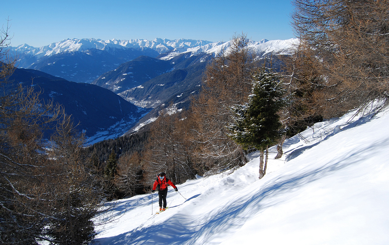 Valentino in salita con sullo sfondo le Alpi Orobie e la Val Camonica.
