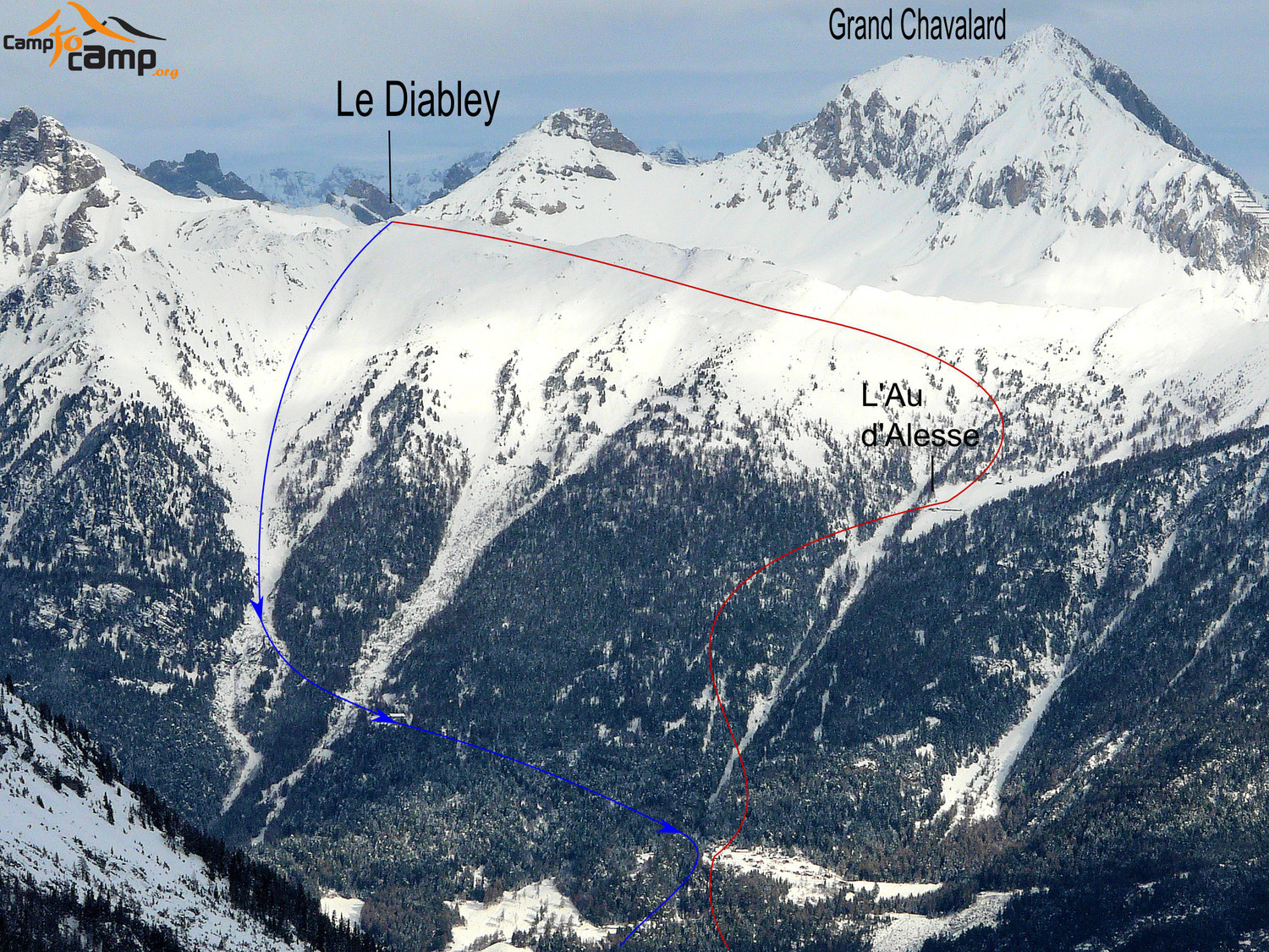 Le Diabley versant SW (montée tracé rouge, descente tracé bleu)
