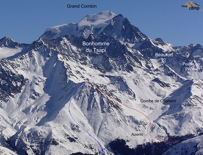 Bonhomme du Tsapi - tracé rouge voie normale - tracé bleu descente W Bonhomme du Tsapi - tracé rouge voie normale - tracé bleu descente W