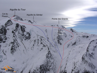 Aiguille du Tour depuis Trient (en bleu variantes descente)