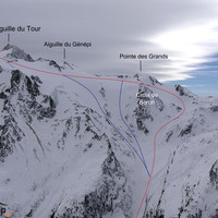 Aiguille du Tour depuis Trient (en bleu variantes descente)