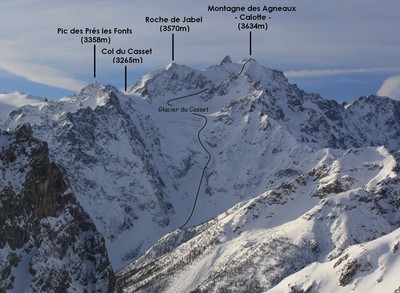 Itinéraire d'accès à la Calotte des Agneaux, directement par le glacier du Casset
