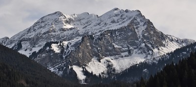 La face N du Roc d'Enfer depuis la Chèvrerie, le sommet W assez à droite.