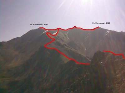 Itinéraire sur la crête ouest menant aux pics Komsomol et Morosova