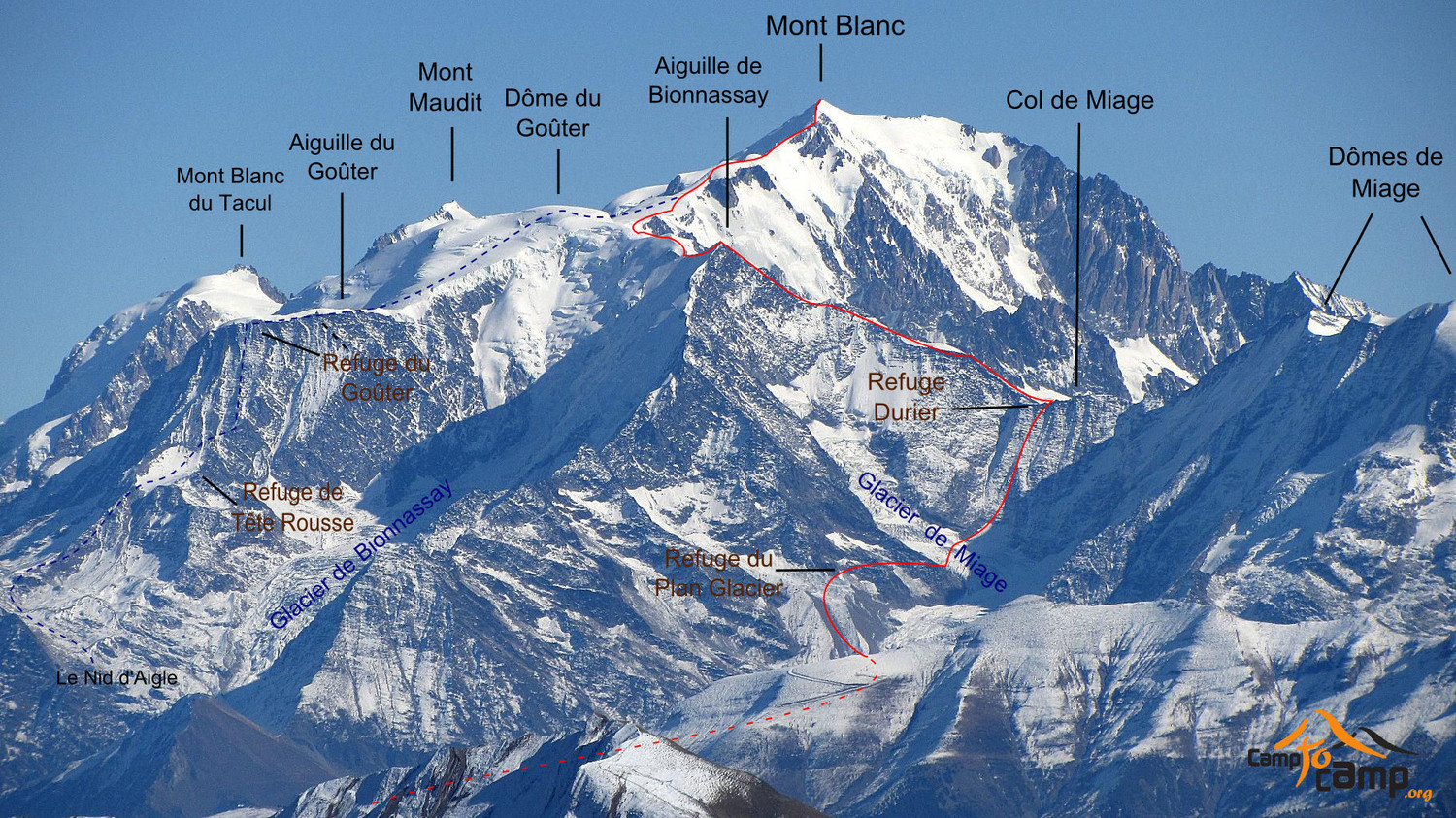 Traversée Durier > Mont Blanc (en pointillés bleus : retour par Le Goûter)