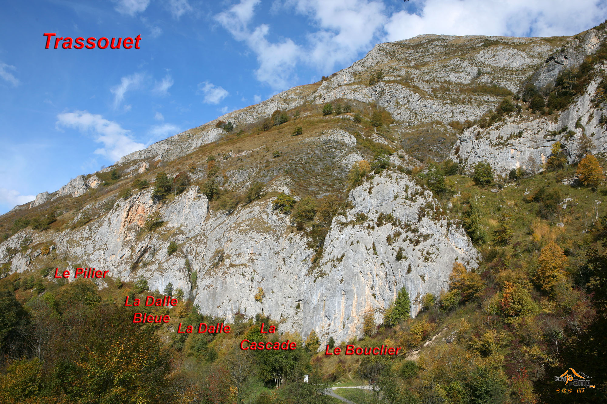 Falaise de Trassouet - Situation des secteurs