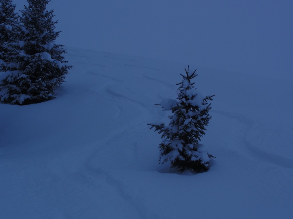 Descente en versant Sud/Ouest vers 1800/1850m: 30cm de poudreuse sur une croûte de regel de 10cm et un sous-couche sans aucune cohésion: méfiance...
