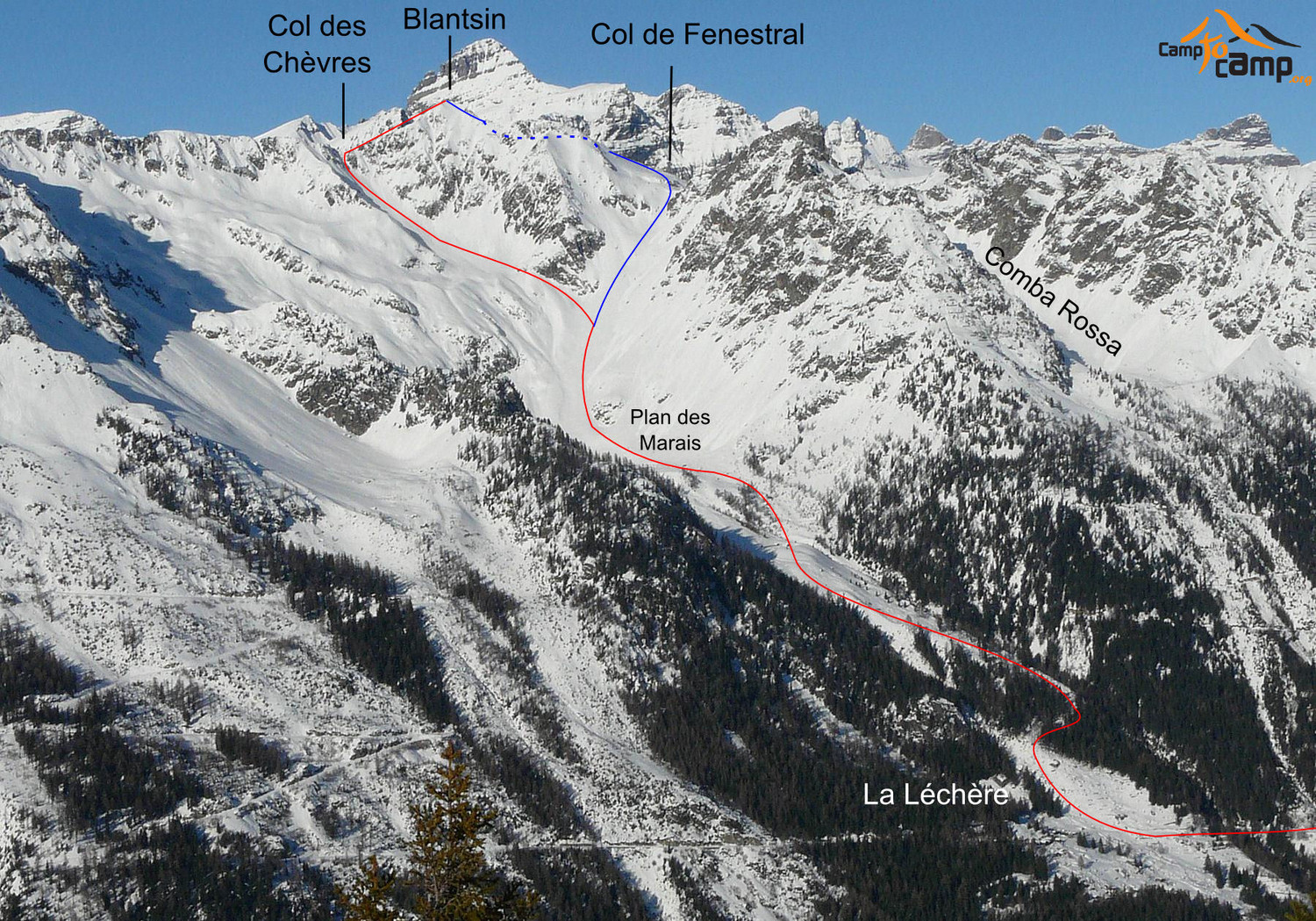 Blantsin par le col des Chèvres - En bleu itinéraire pour effectuer une boucle par le col de Fenestral