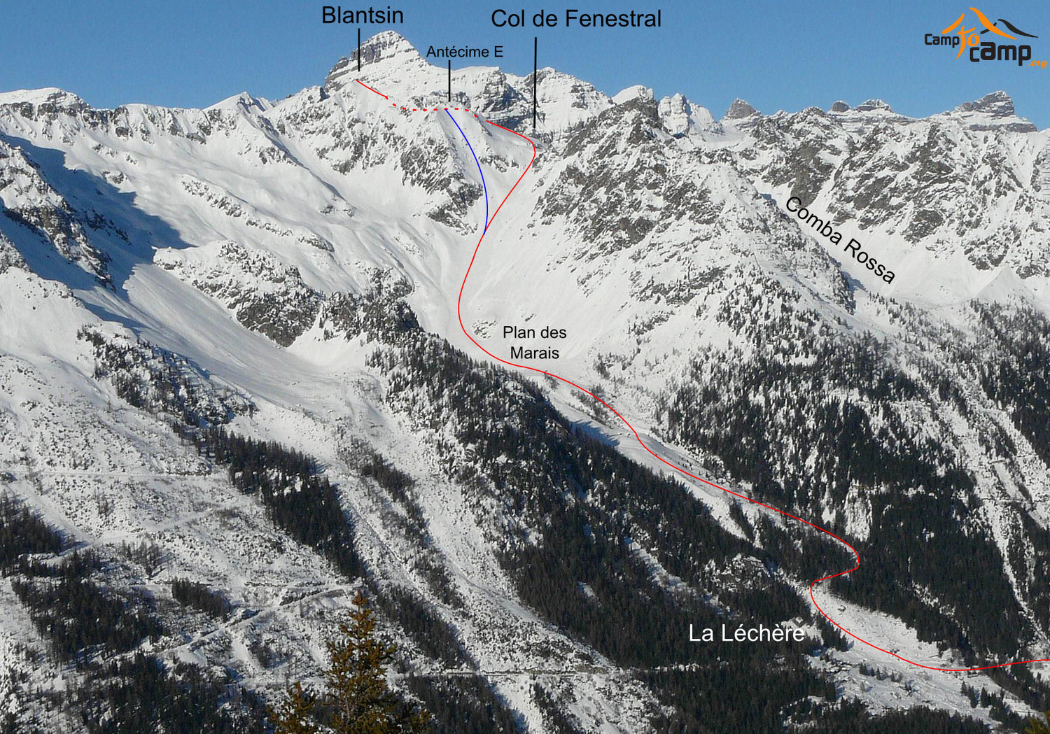 Col de Fenestral - Blantsin - Itinéraire bleu descente par la face SE de l'antécime E