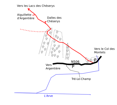 Accès aux dalles des Chéserys et à l'Aiguillette d'Argentière.