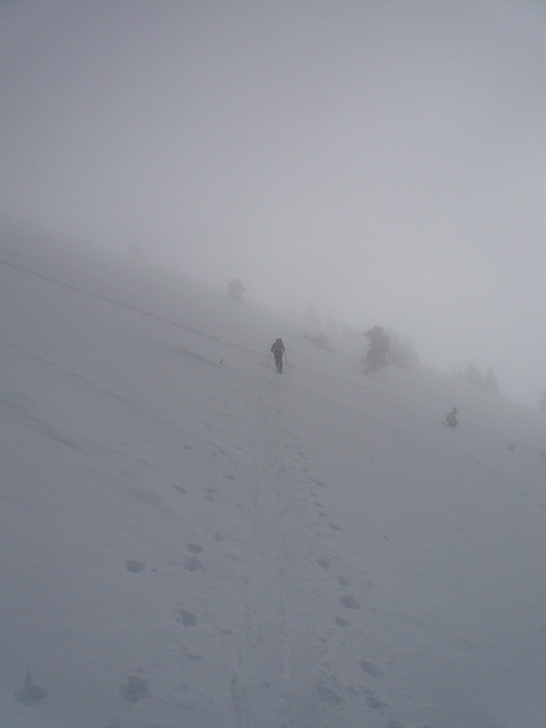 Pente SW des Lances: skieur dans la brume.