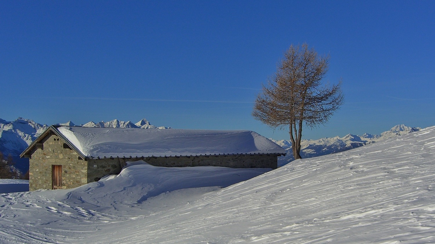 Punta Valfredda - A la sortie des pistes d'Estoul. MtBlanc à droite