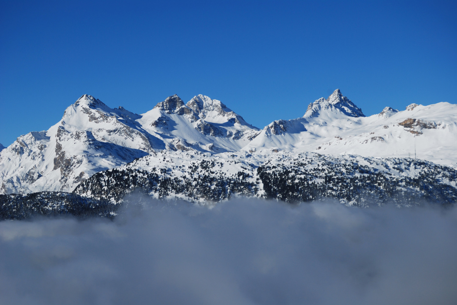 da sinistra Teurihorn 2973 m, Steilerhorn 2930 m Alperschllihorn 3039 m e Pizzas d'Anarosa 3000 m versante E, durante la salita al Nolla 2641 m