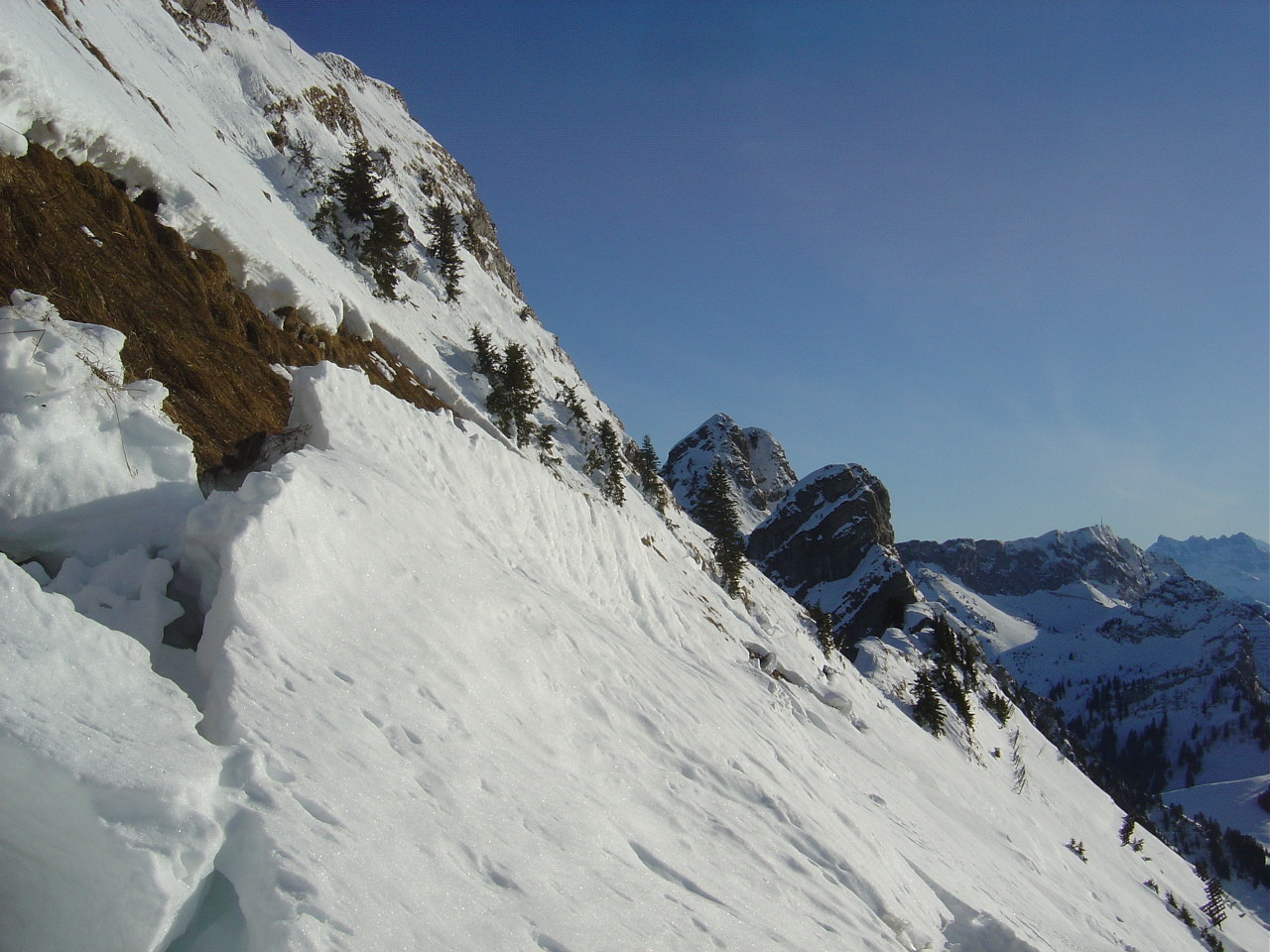 J'arrive dans le raide... Au fond à droite, les Rochers de Naye