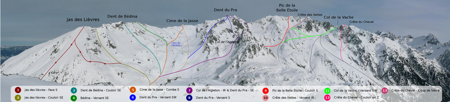 Topo Jas des Lièvres - Bédina - Cime de la Jasse - Pic de la Belle Étoile - Col de la Vache