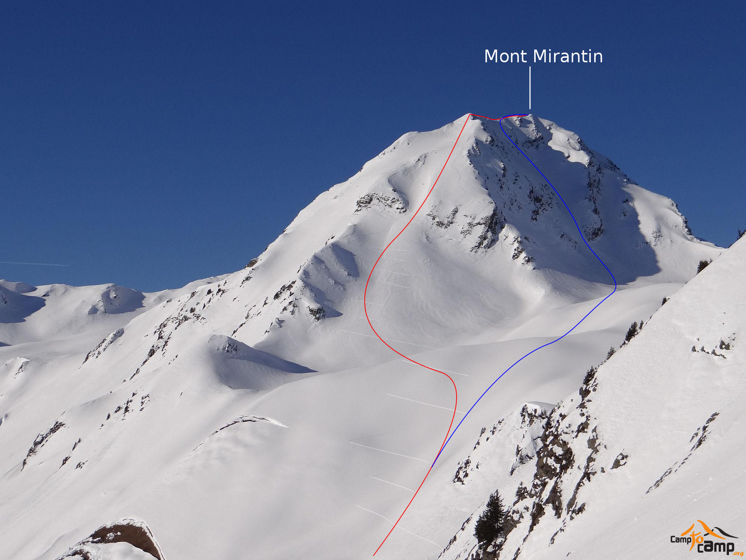 Mont Mirantin face SE (tracé rouge) NE (tracé bleu)